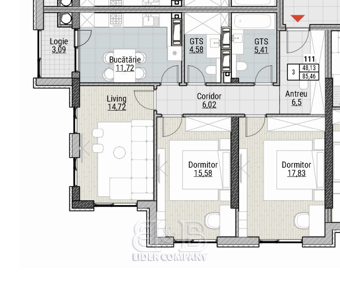 De vânzare apartament 45,79 mp – Colina Verde Residence, Durlesti