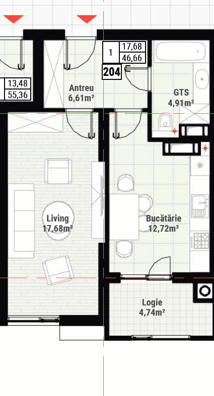Durlesti - apartament cu 1 cameră 46,66 mp Colina Verde