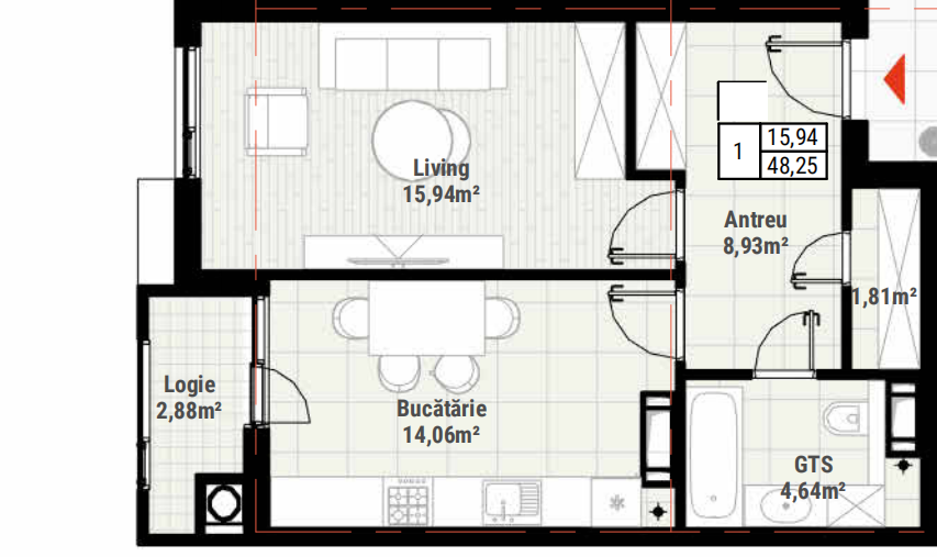 Colina Verde Residence - apartament cu o cameră 48,25 m2