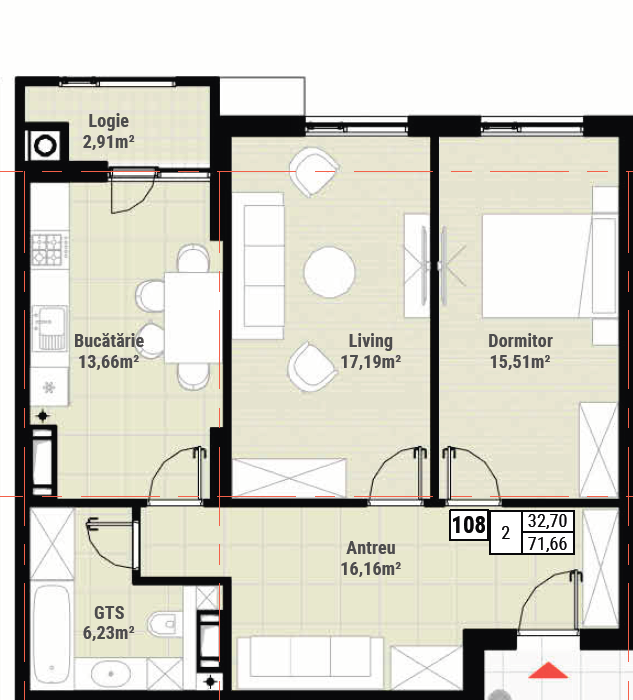 Apartament cu 2 camere+ Living , 71,66 m², Durlești, Chișinău Colina Verde