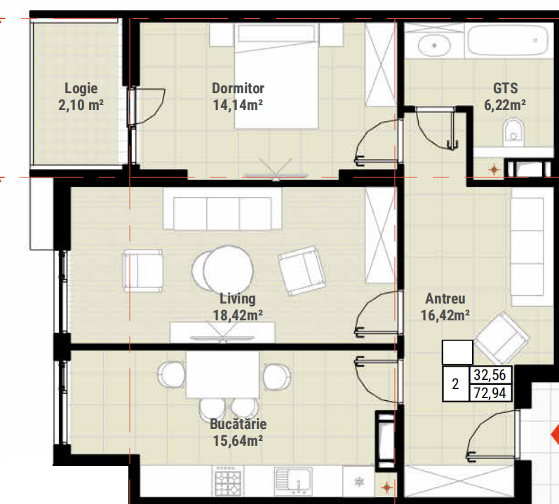 2 camere + Living , 72,94 m2 în Complexul Colina Verde , Durlești