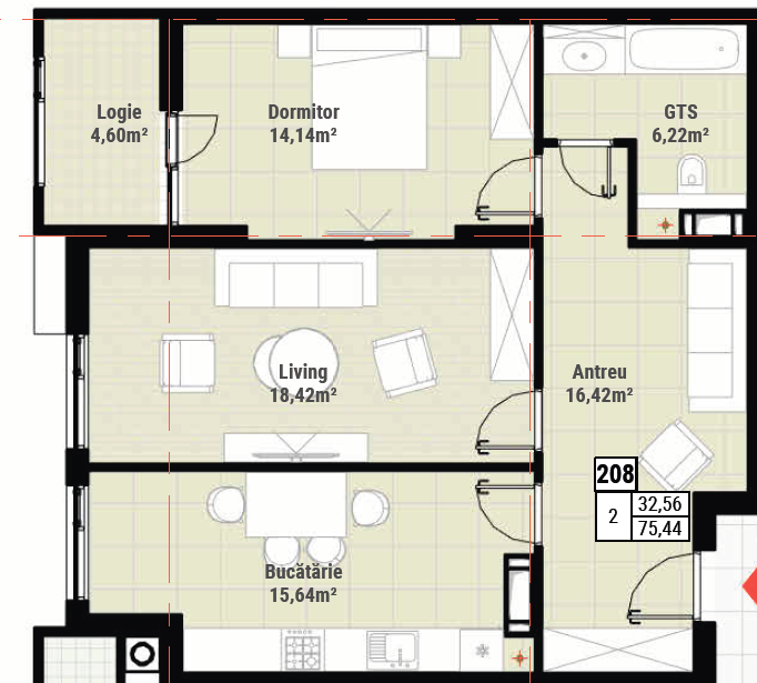 Apartament cu 2 camere + Living , 75,44 m², Durlești, Chișinău