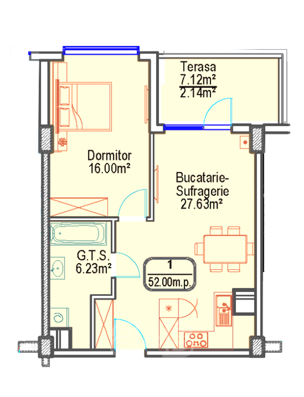 Apartament cu 1 cameră, 52 mp, Complex Premium Uptown, Durlești