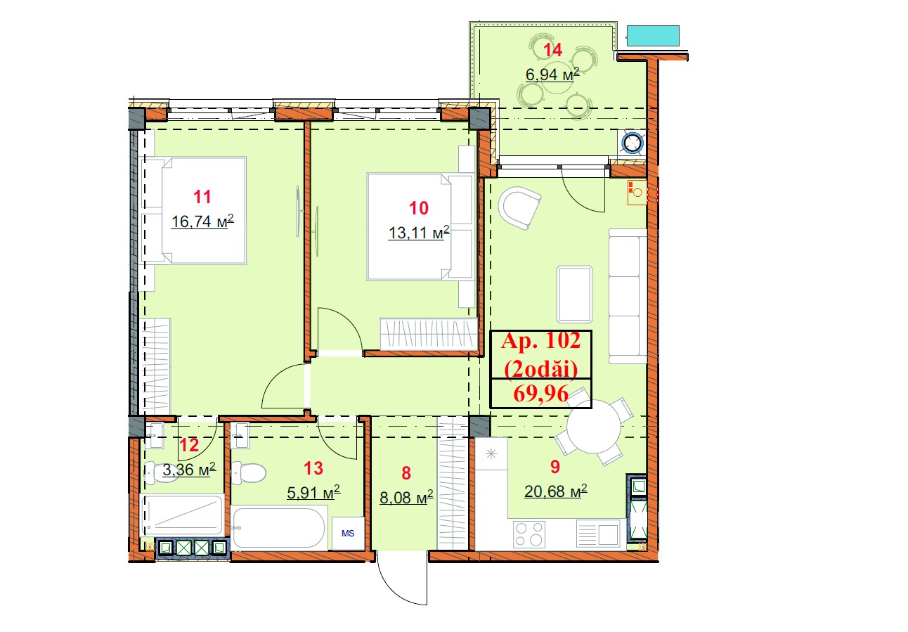 Solomon Construct apartament cu 2 camere ,  69,96 mp Botanica