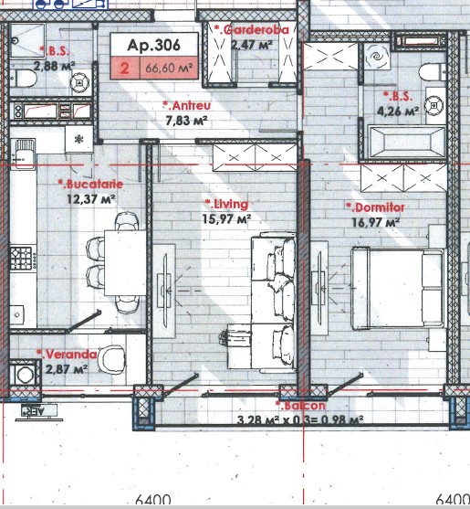 Terasă apartament cu 2 camere 66,60  mp Chisinau Telecentru, str. Hâncesti