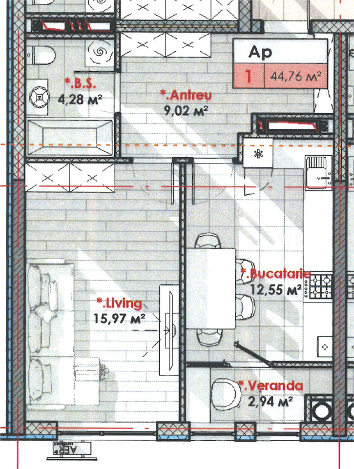 Apartament cu 1 cameră, 44,76 mp, Telecentru, Chișinău
