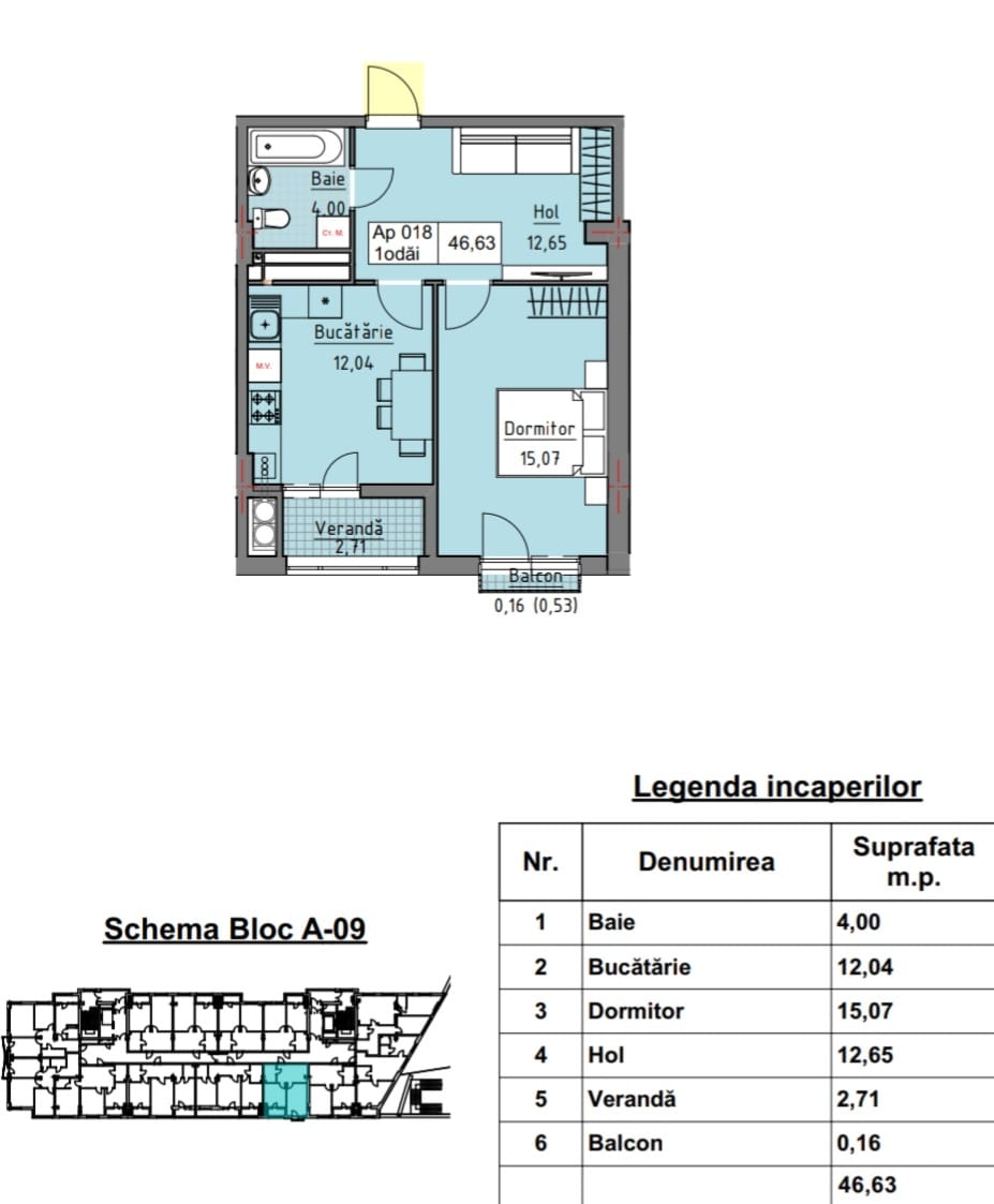 Apartament de Vânzare – 46,63 mp, Bloc A09, Cartierul Cluj