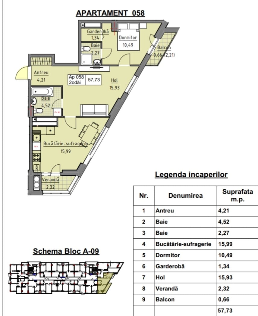 Apartament cu 2 Camere – 57,73 mp, Bloc A09, Cartierul Cluj